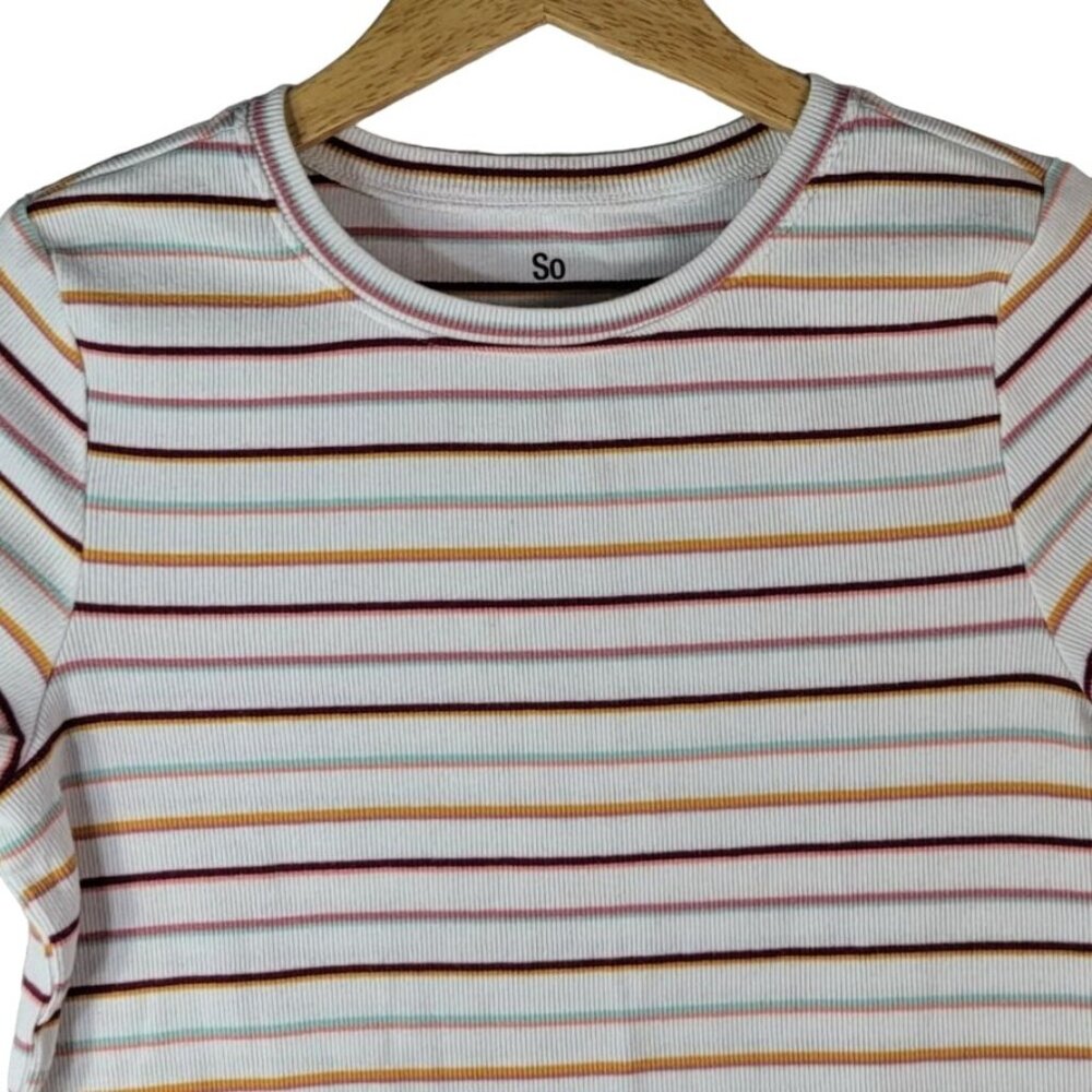 SO Girls Striped Top Multi Size 14 XL Round Neck Curly Lettuce Hem Trim Pullover - Picture 3 of 6